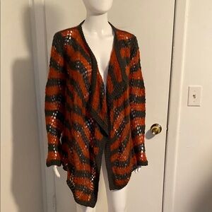 Guinevere Striped Open-Front Sweater - Orange and Black.  Size L